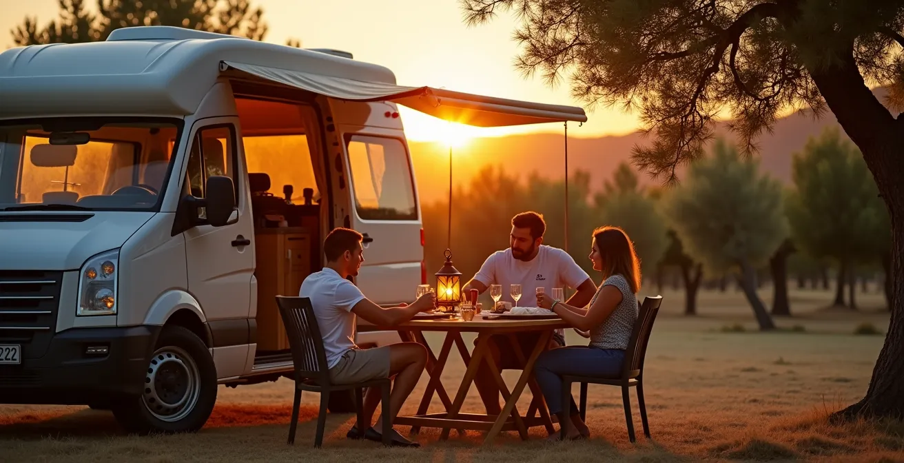 Area sosta camper in agriturismo al tramonto con ulivi e colline umbre