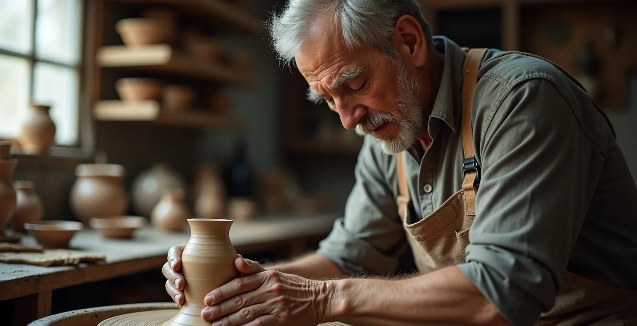 Mani di ceramista che modellano argilla al tornio in una bottega tradizionale