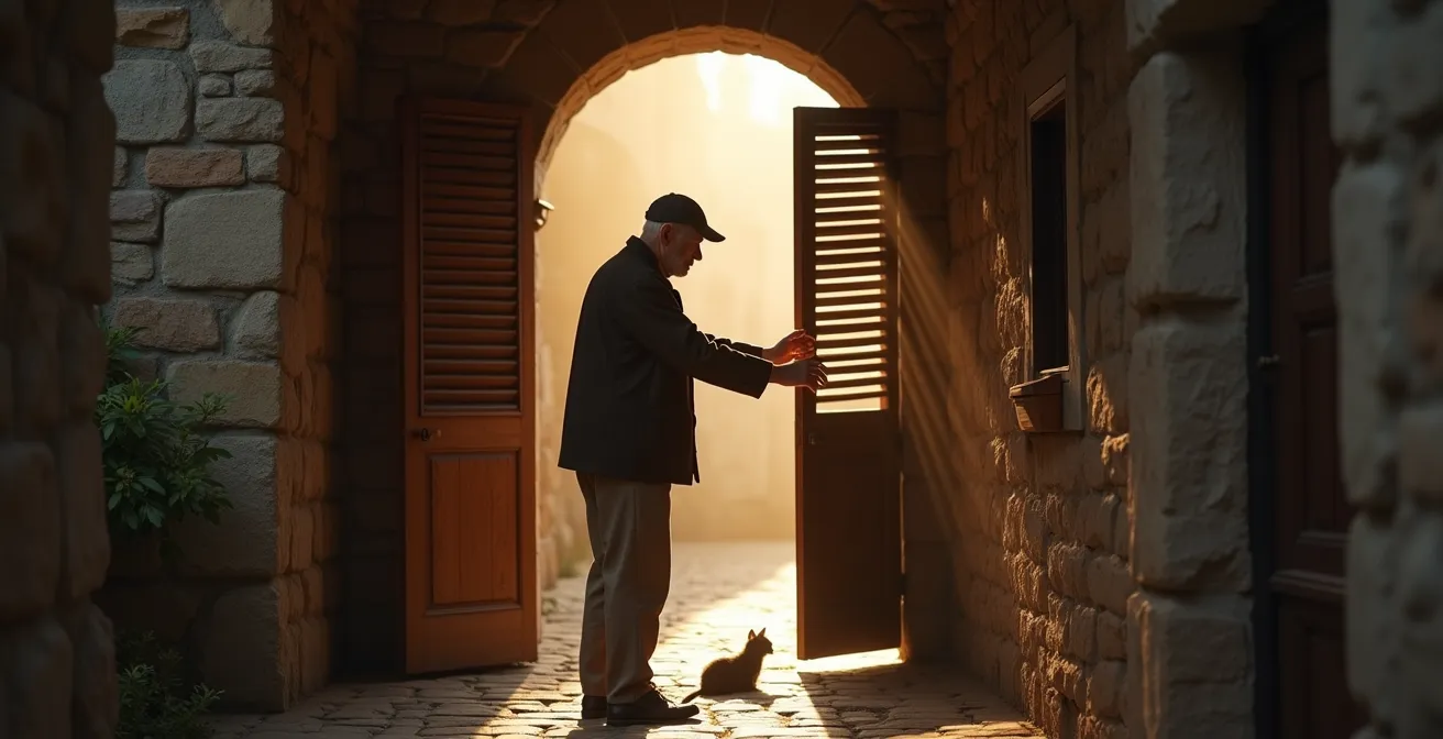 Vicolo deserto di un borgo umbro illuminato dalla luce dorata del mattino
