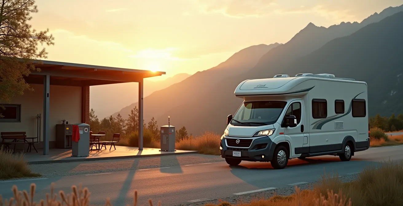 Camper parcheggiato in area sosta panoramica con servizi al tramonto