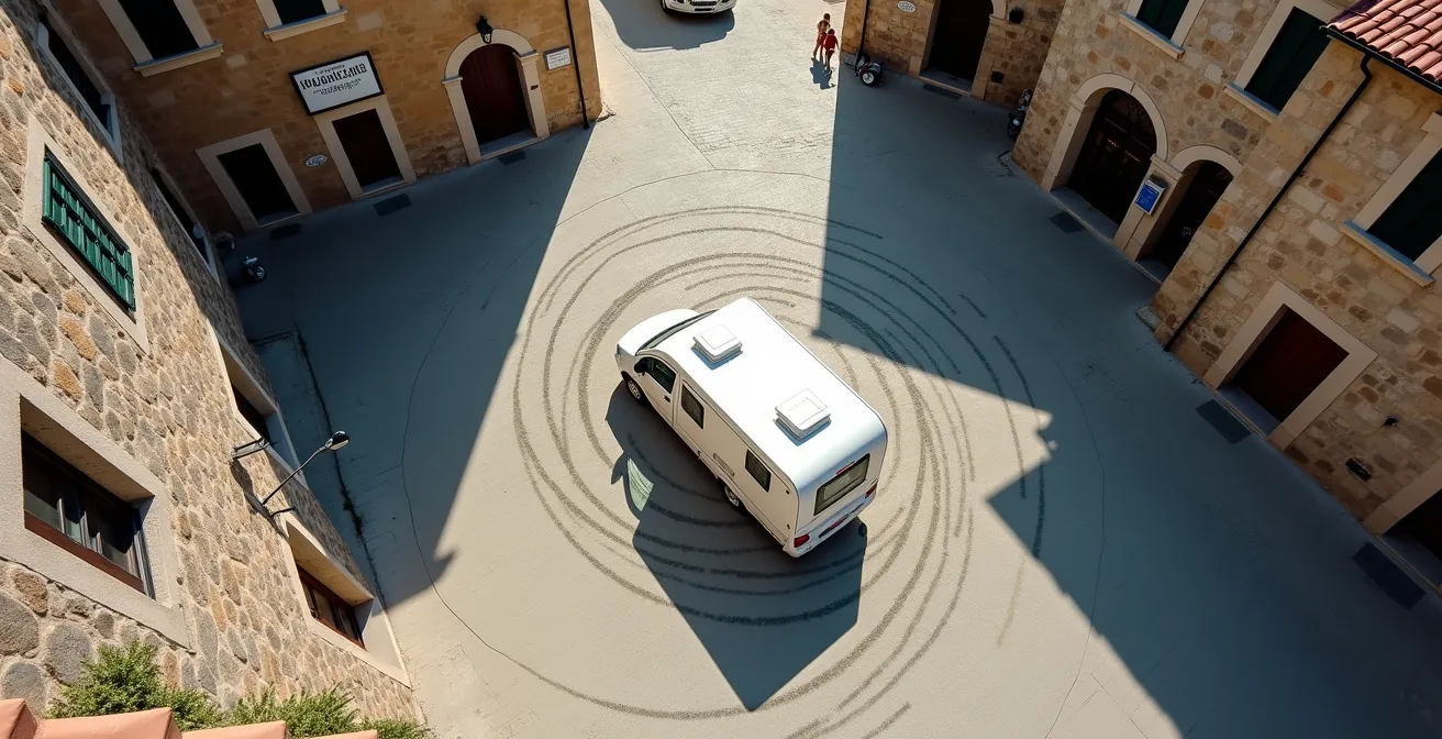 Vista dall'alto di un camper che esegue manovra di inversione in spazio ristretto
