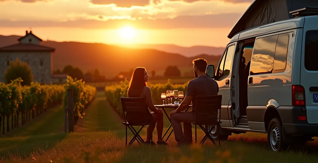 Camper parcheggiato tra i filari di una vigna al tramonto con cantina sullo sfondo