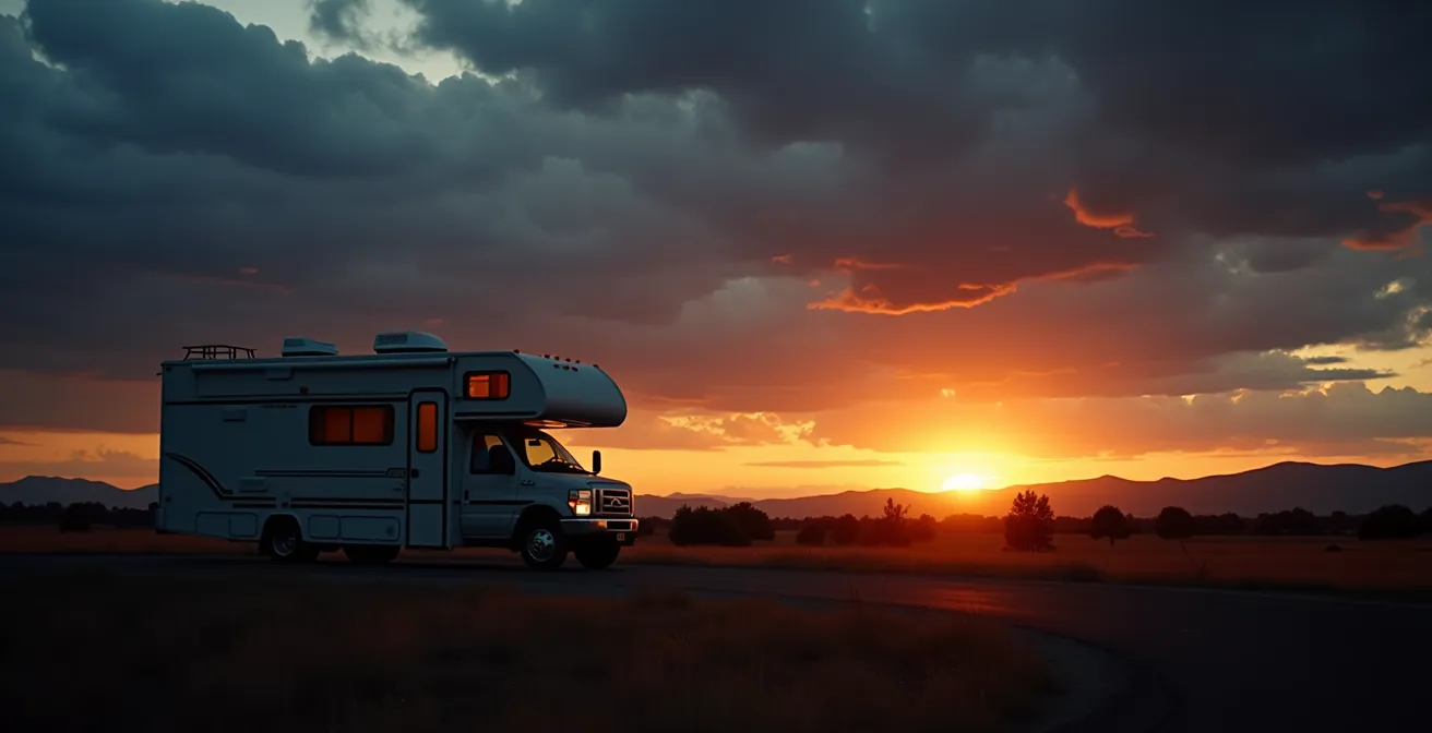 Camper in area sosta sicura lungo strada provinciale al crepuscolo