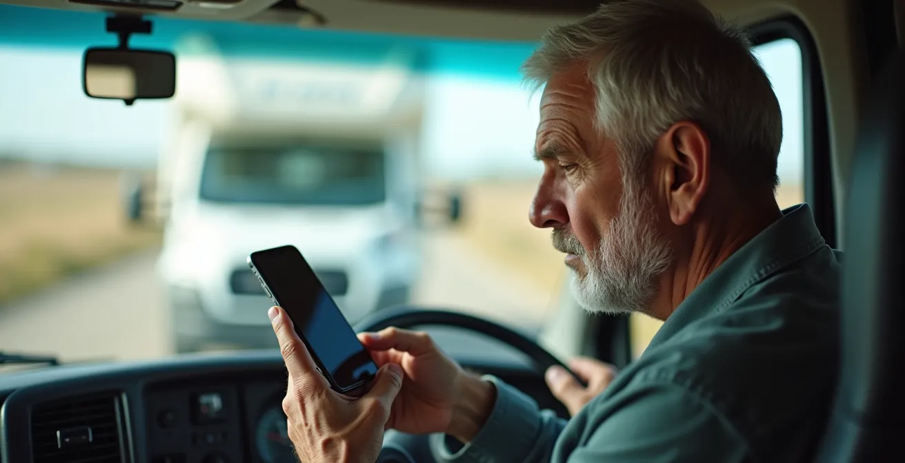 Primo piano di un camperista che controlla il traffico sullo smartphone nell'area di servizio