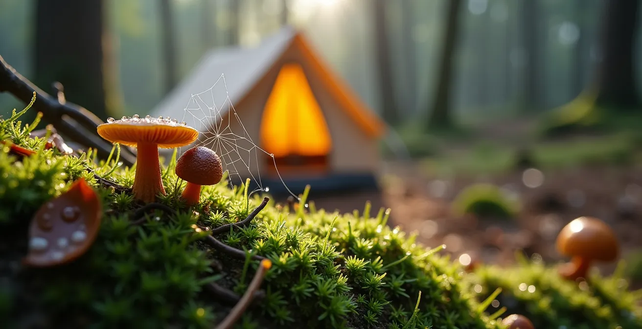 Accampamento minimalista in radura boschiva con dettagli macro di muschio, funghi e vita del sottobosco
