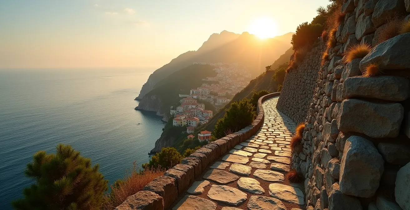 Sentiero delle Cinque Terre all'alba con pochi escursionisti