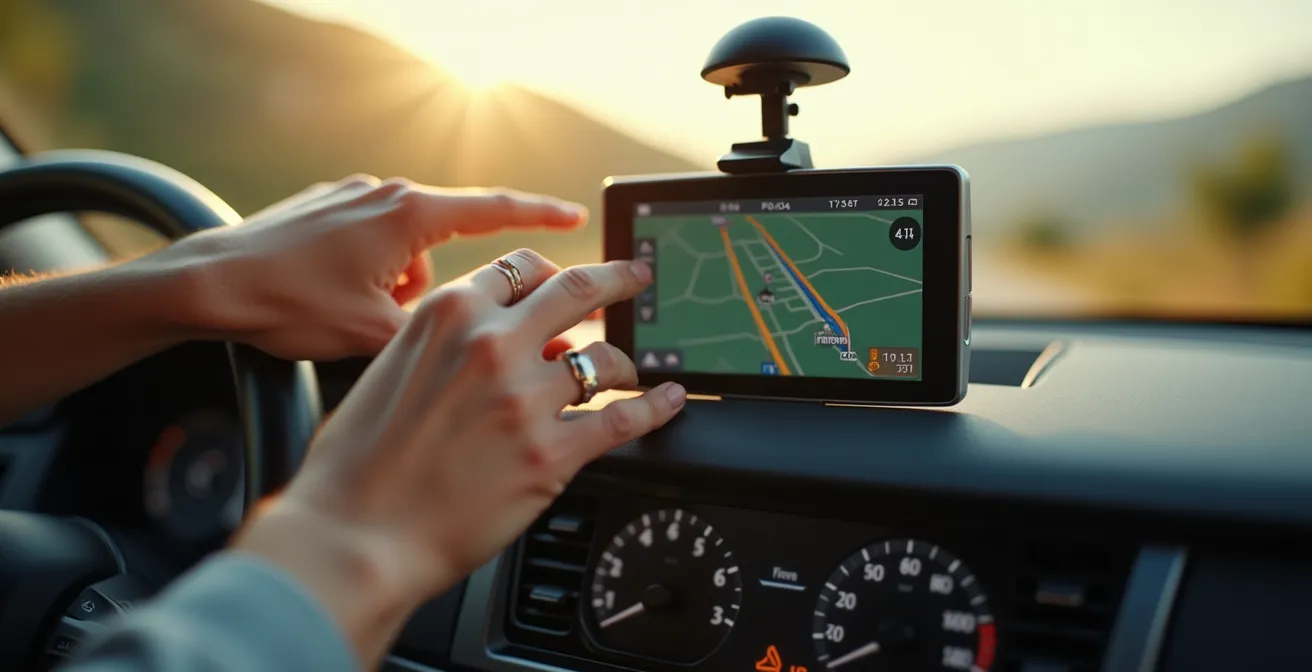 Mani che configurano i parametri di altezza e peso su navigatore GPS per camper