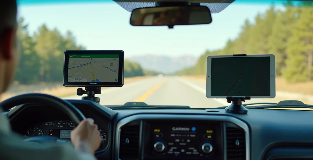 Confronto tra navigatore Garmin montato e tablet con app di navigazione in cabina camper