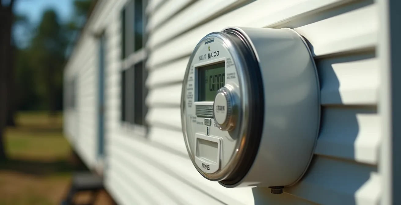 Vista laterale di un contatore elettrico moderno su parete esterna di casa mobile