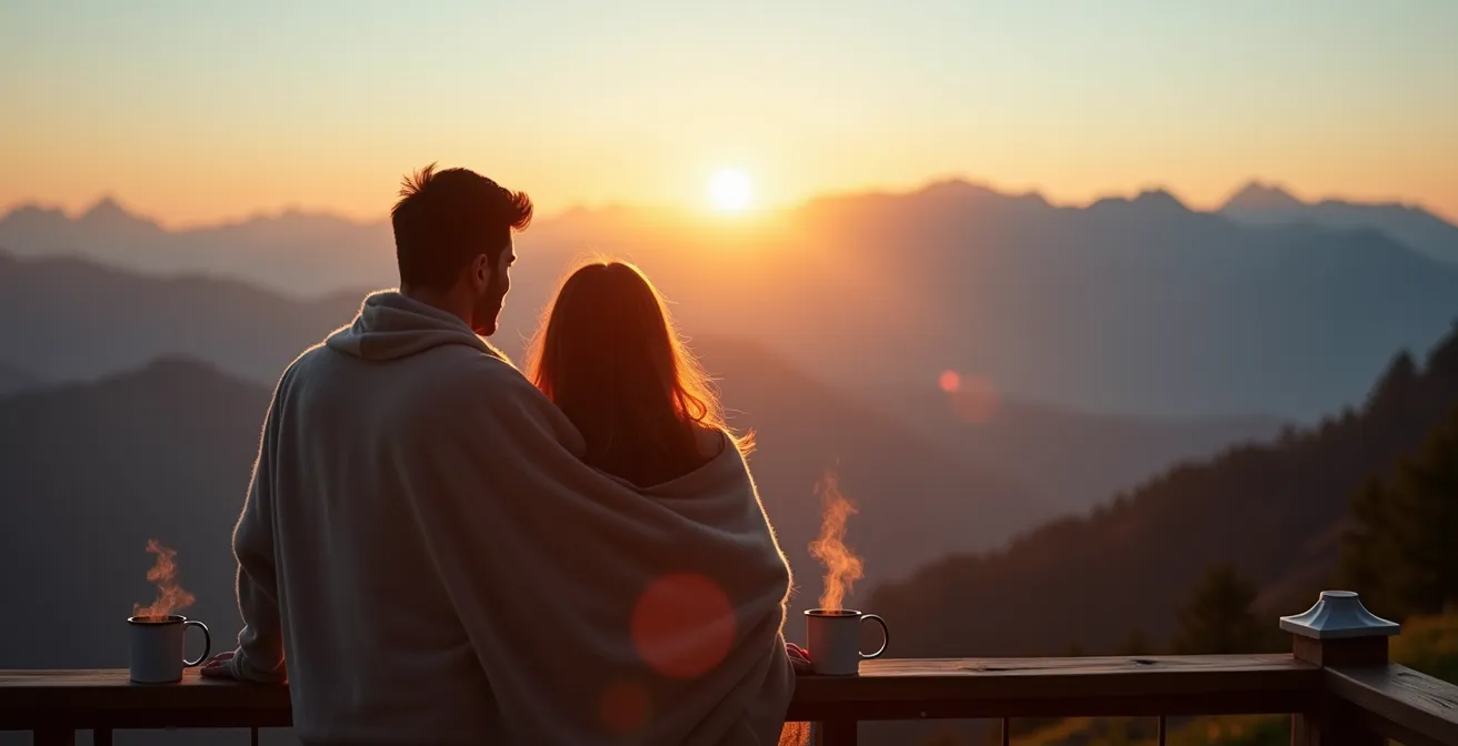 Coppia che osserva l'alba da terrazza privata con vista panoramica