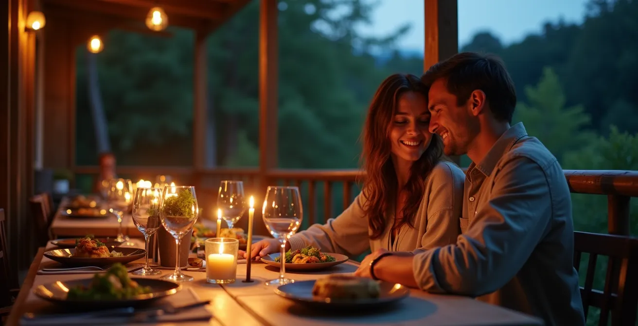 Coppia durante cena intima su veranda privata immersa nella natura