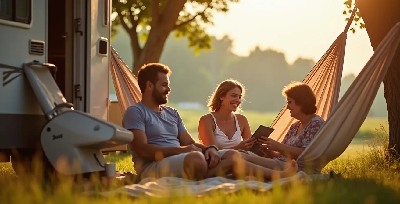 Coppia che si rilassa fuori dal camper in una giornata di pausa immersi nella natura