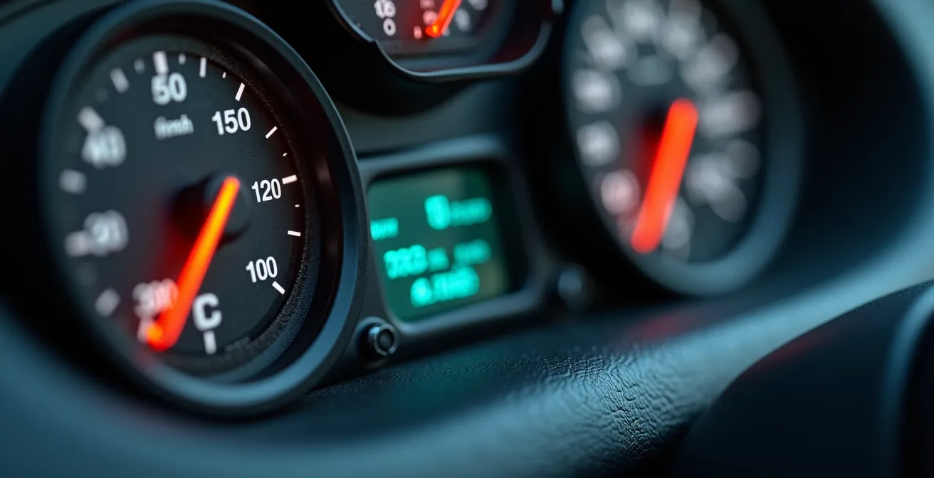 Dettaglio macro del computer di bordo camper mostrando consumo istantaneo