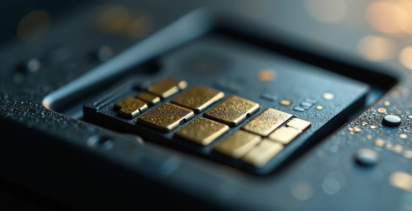 Vista macro di una scheda microSD con database POI per navigatore camper