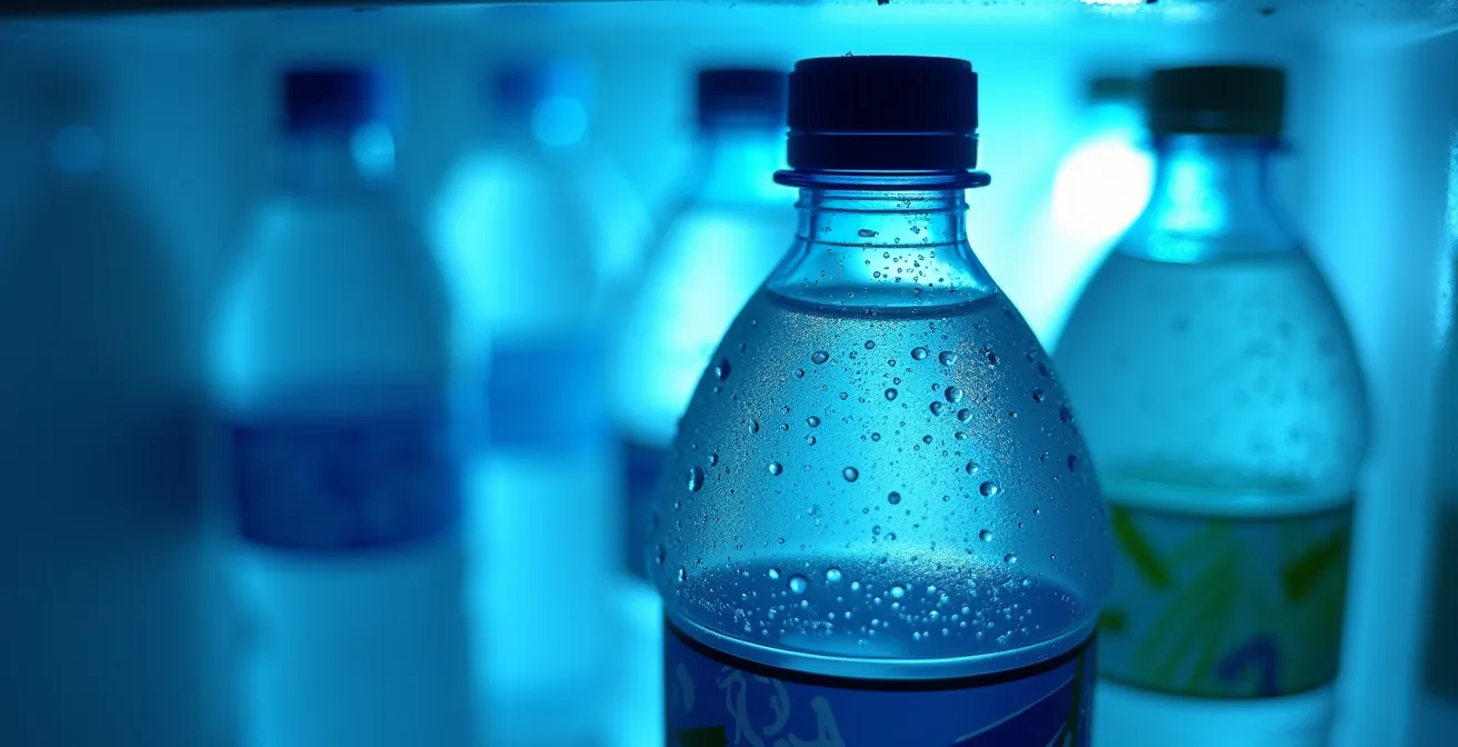 Dettaglio macro di bottiglie d'acqua con condensazione nel frigorifero del camper