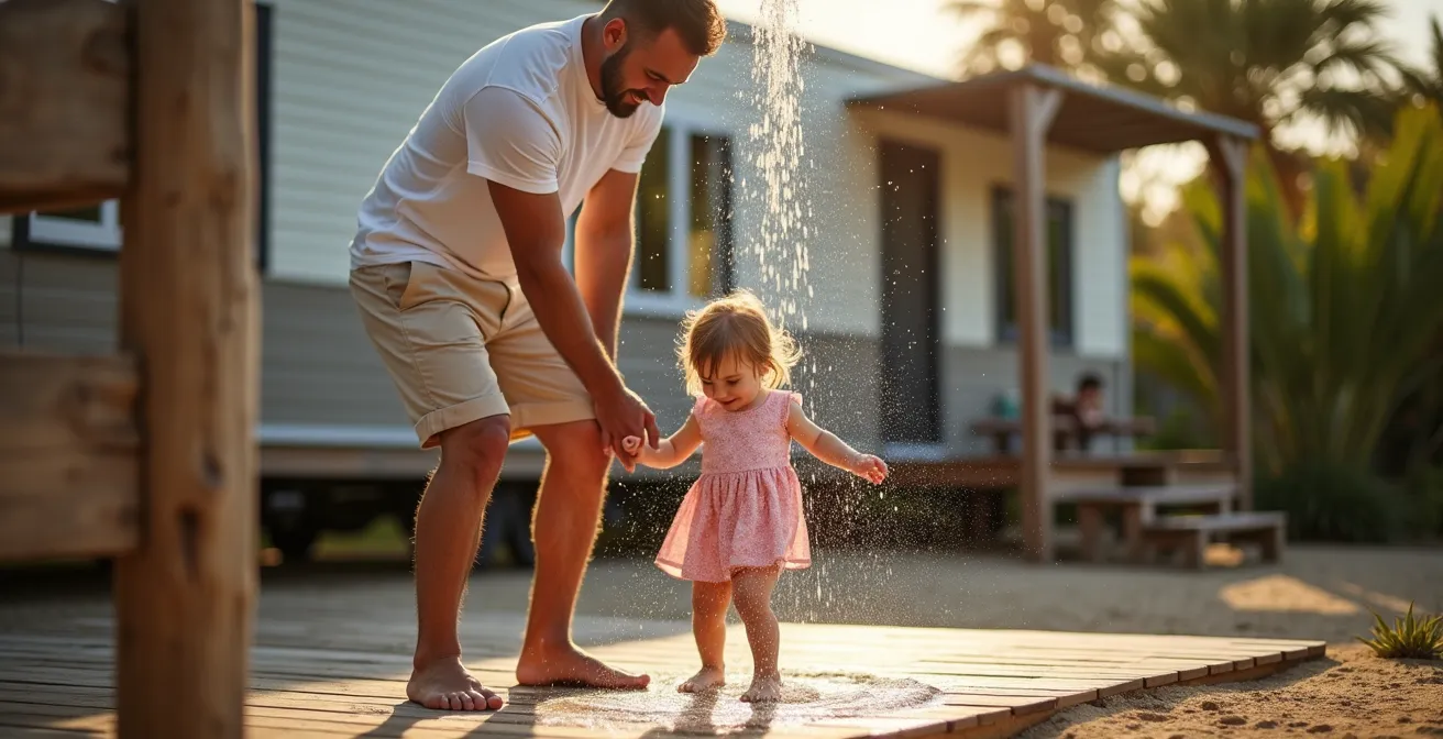 Doccia esterna di una mobile home con famiglia che si sciacqua dalla sabbia