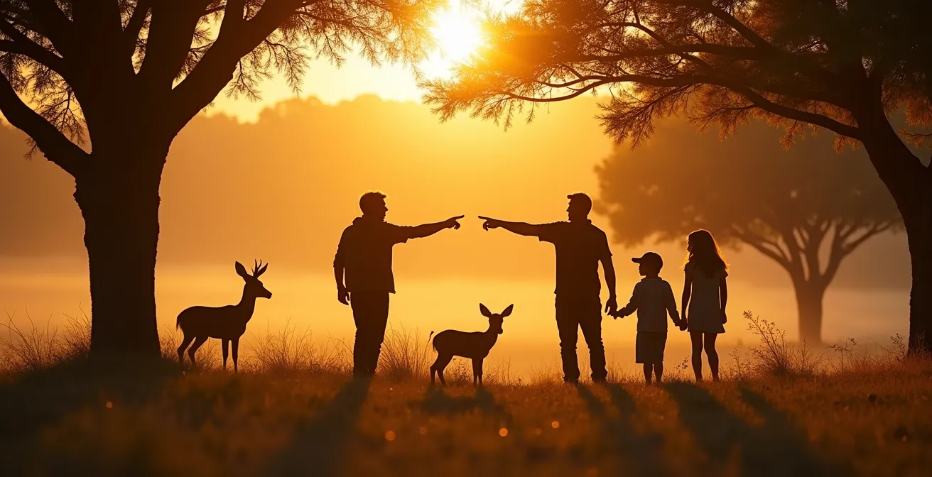 Famiglia con bambini osserva daini nella macchia mediterranea insieme a guida naturalistica al tramonto