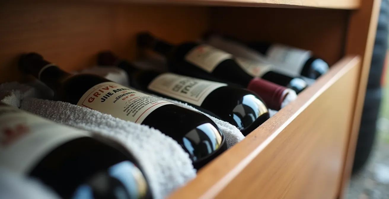 Vista ravvicinata dell'interno di un gavone camper con sistema di organizzazione per bottiglie di vino