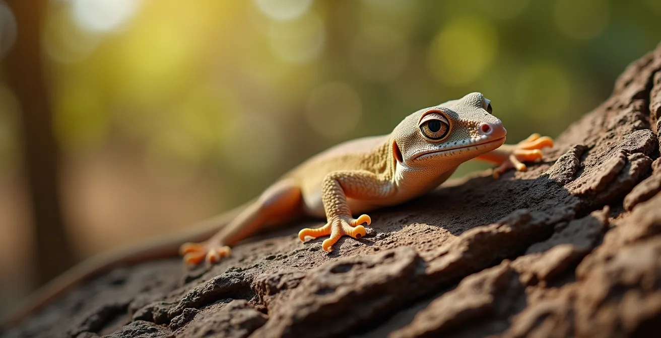 Dettaglio macro di un geco comune della macchia mediterranea toscana su corteccia di quercia