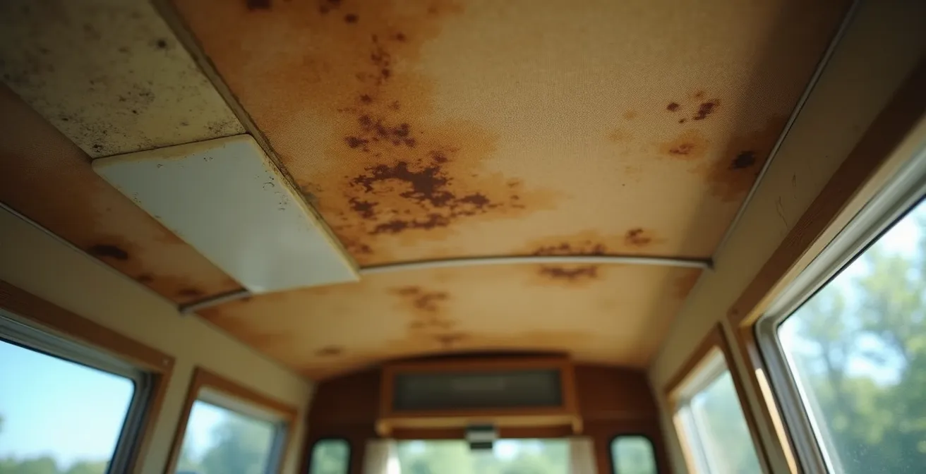 Dettaglio ispezione angoli e giunture tetto camper per verificare infiltrazioni