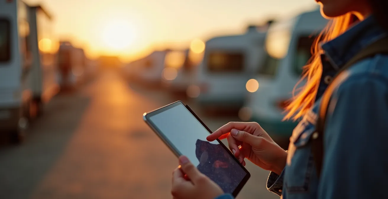 Mani che tengono un tablet con vista satellitare di un'area sosta, con un camper parcheggiato in sicurezza sullo sfondo al tramonto.