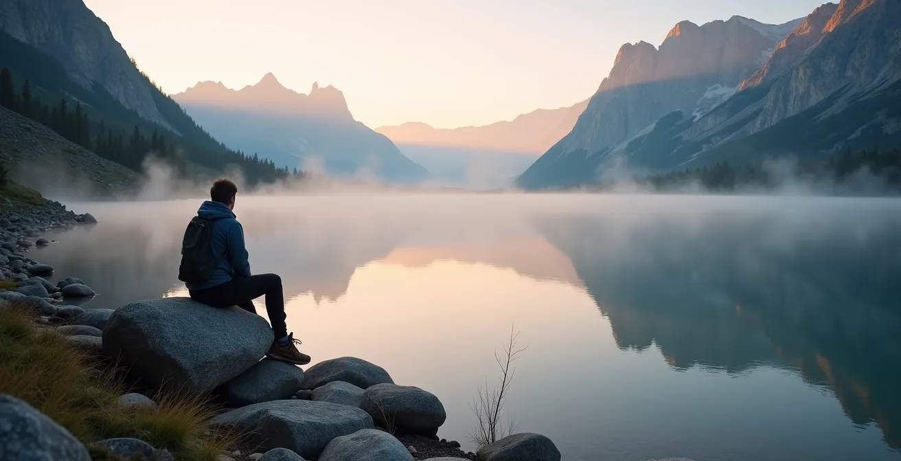 Lago alpino all'alba con riflessi dorati, circondato da pareti rocciose e boschi silenziosi