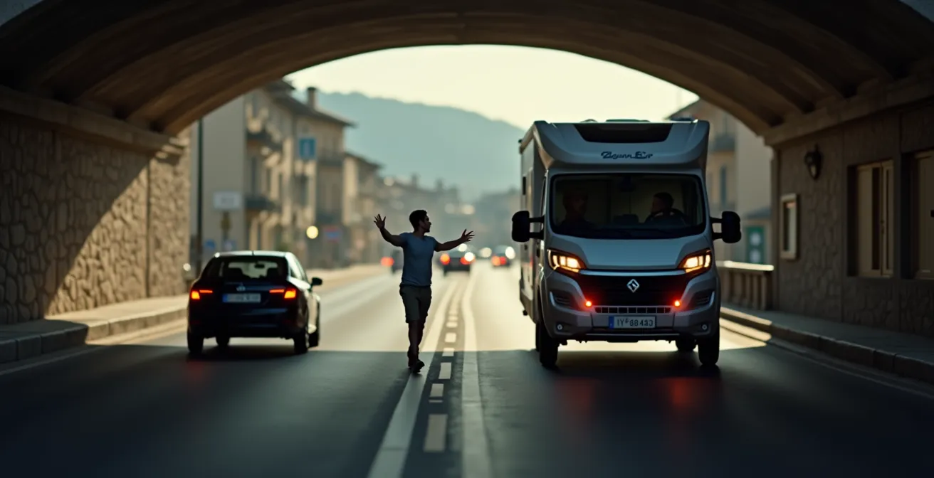Camperista che gestisce retromarcia di emergenza con traffico, comunicazione gestuale
