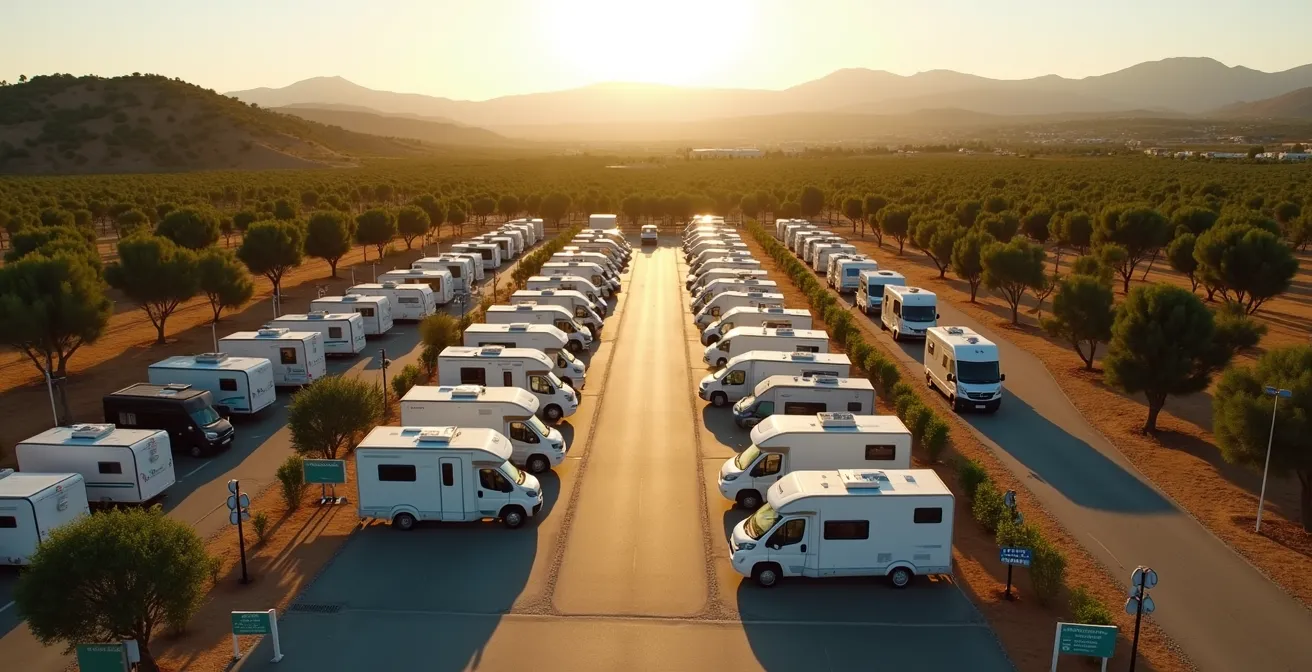 Vista aerea di un'area camper service moderna nel sud Italia con servizi visibili