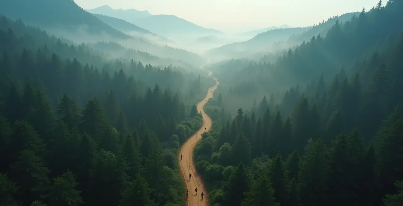 Vista aerea di sentieri montani nascosti tra boschi con bivacchi isolati nelle Dolomiti