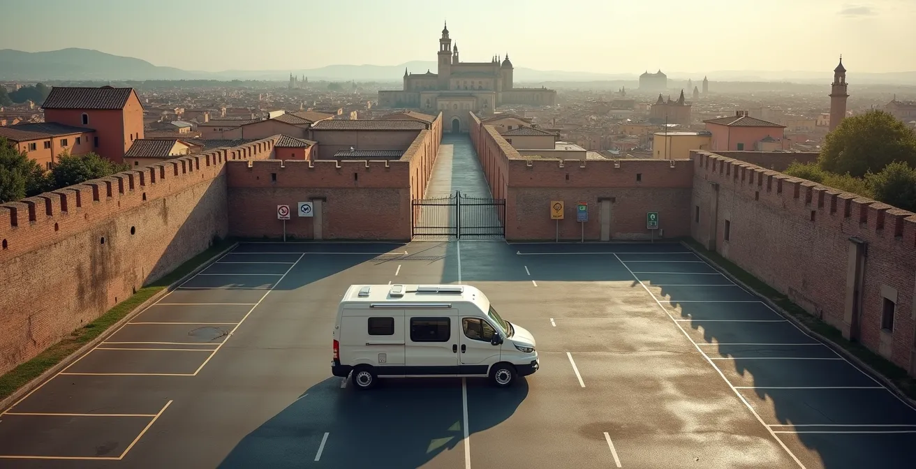 Vista aerea di una città italiana storica con indicazioni parcheggi esterni