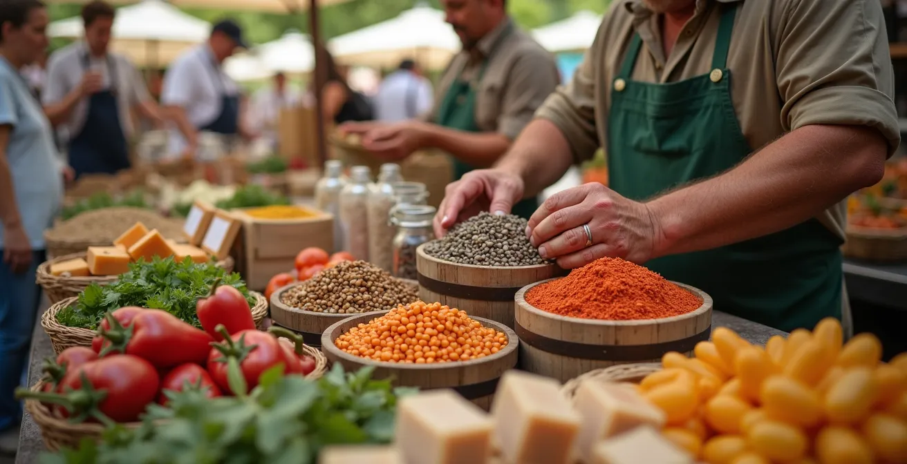 Mercato contadino con prodotti sfusi e contenitori riutilizzabili