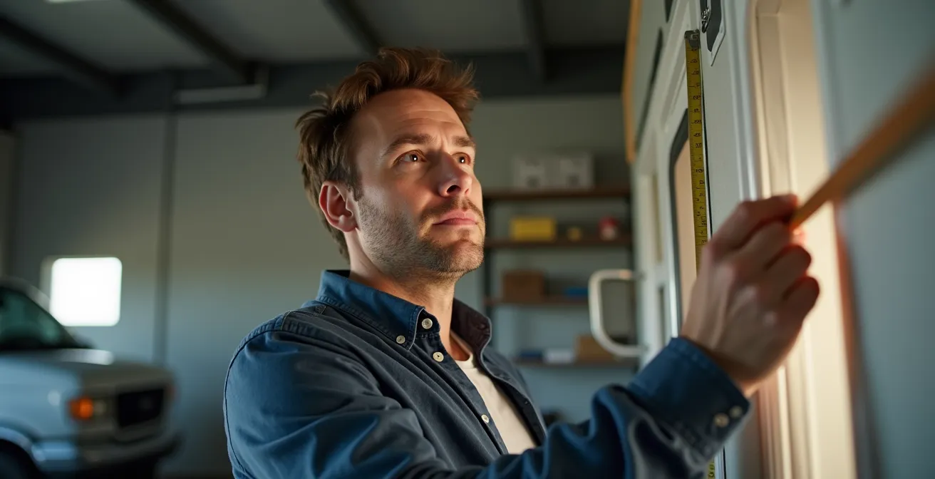 Camperista che misura l'altezza del proprio veicolo in garage con asta di riferimento