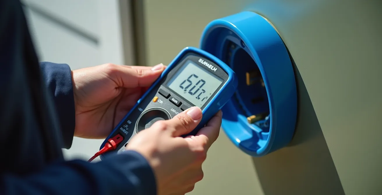 Mani che utilizzano un multimetro digitale per testare una presa CEE blu