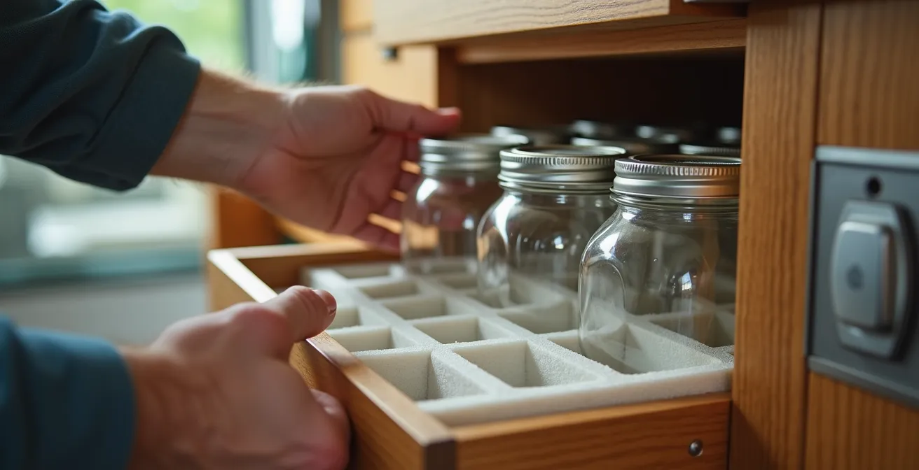 Vista interna di un armadietto da camper con divisori e protezioni per barattoli e stoviglie