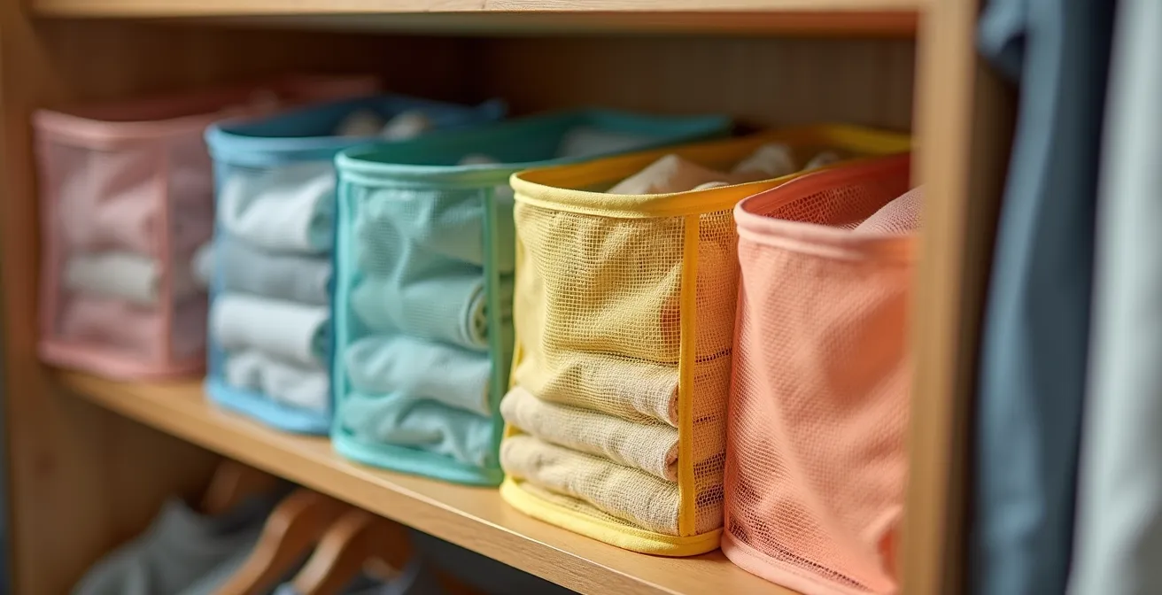 Sistema di organizzazione bagagli con cubi colorati in una mobile home