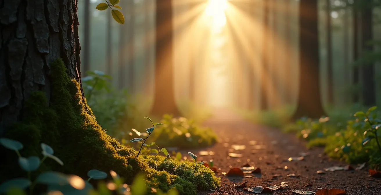 Sentiero nel bosco avvolto nella nebbia mattutina con raggi di sole che filtrano tra gli alberi