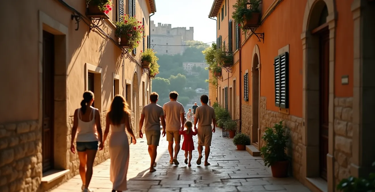 Vista panoramica di un borgo medievale italiano durante l'ora dorata con visitatori che passeggiano