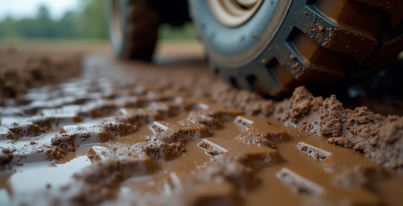 Piastre di recupero posizionate correttamente sotto le ruote di un camper impantanato nel fango