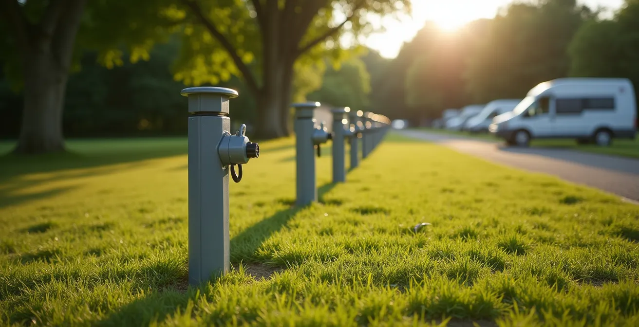 Vista aerea di una piazzola attrezzata con colonnine per carico acqua e scarico acque grigie