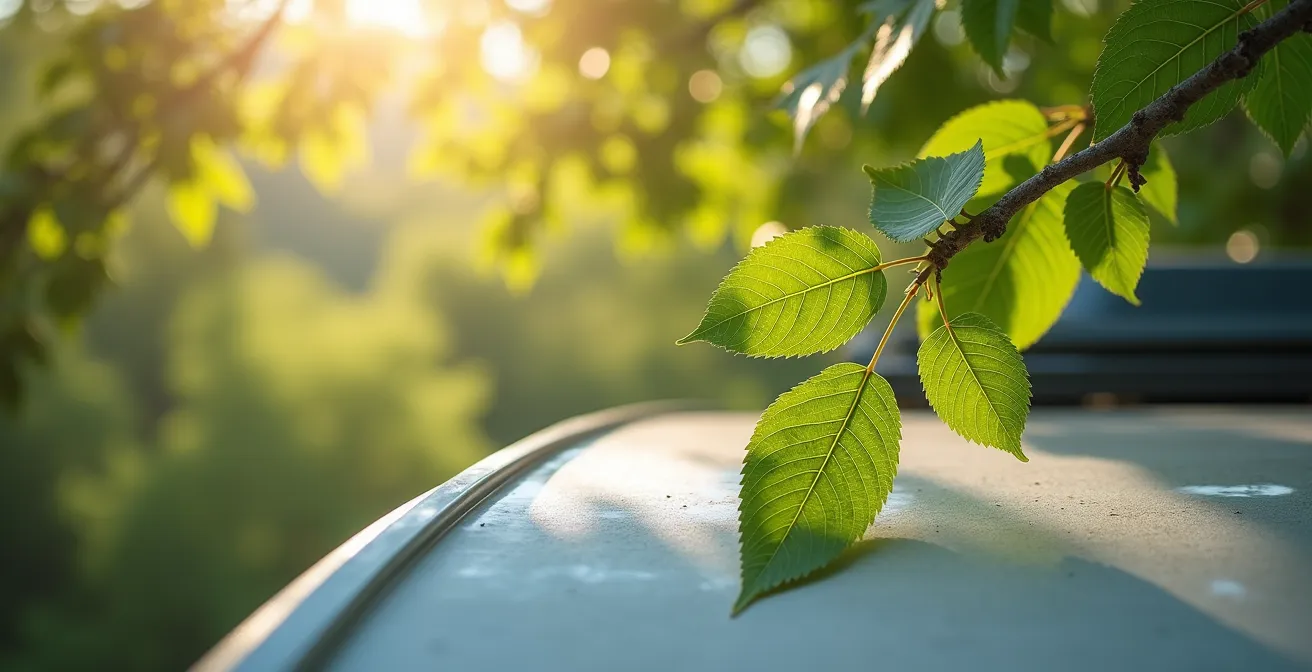 Dettaglio ravvicinato di rami che sfiorano il tetto di un camper