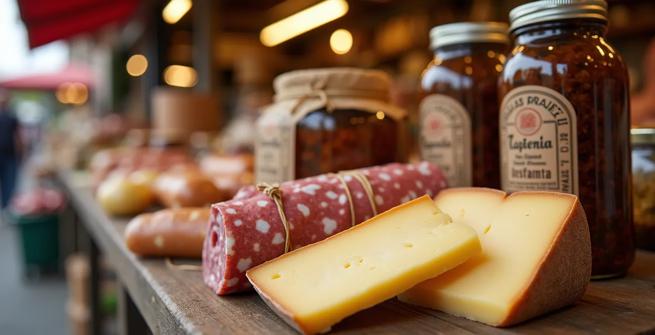 Banco vendita prodotti tipici DOP e IGP con certificazioni di qualità in primo piano
