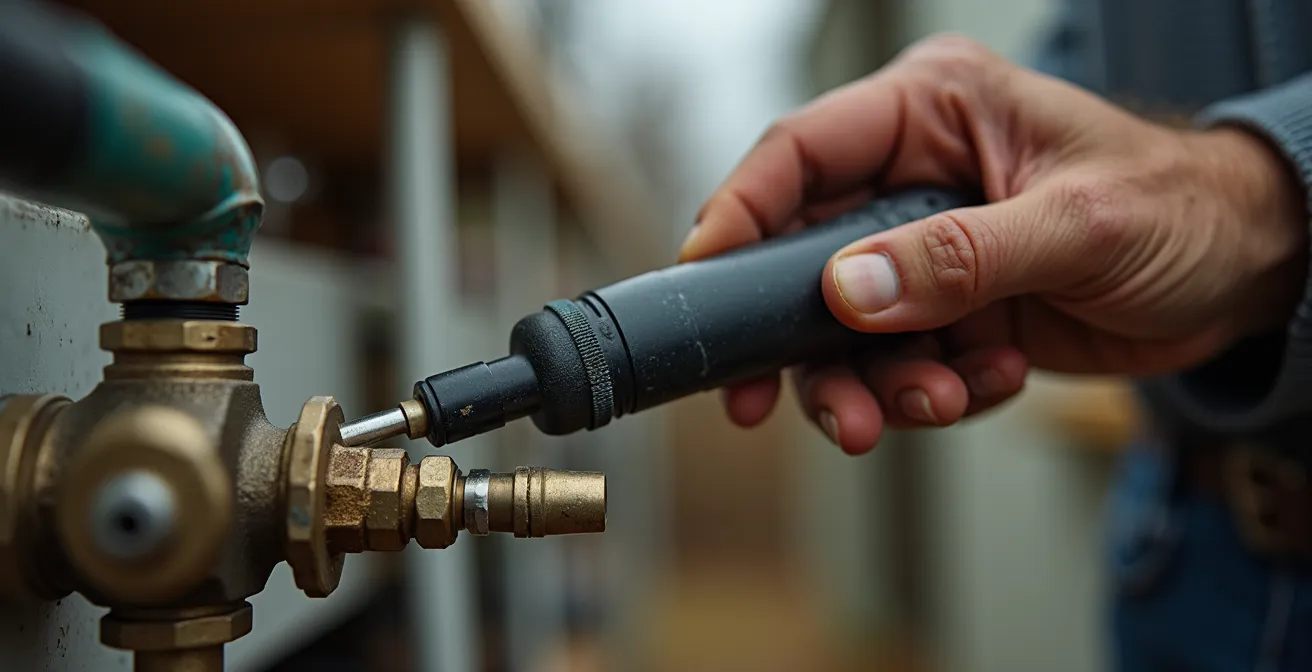 Mano che tiene un rilevatore di gas portatile a penna vicino a un fornello da camper