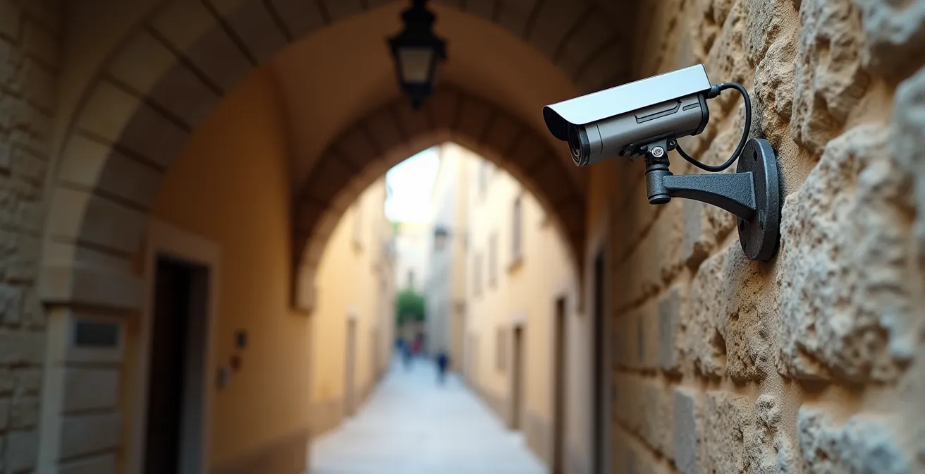 Dettaglio di un varco ZTL con telecamera in un borgo umbro medievale