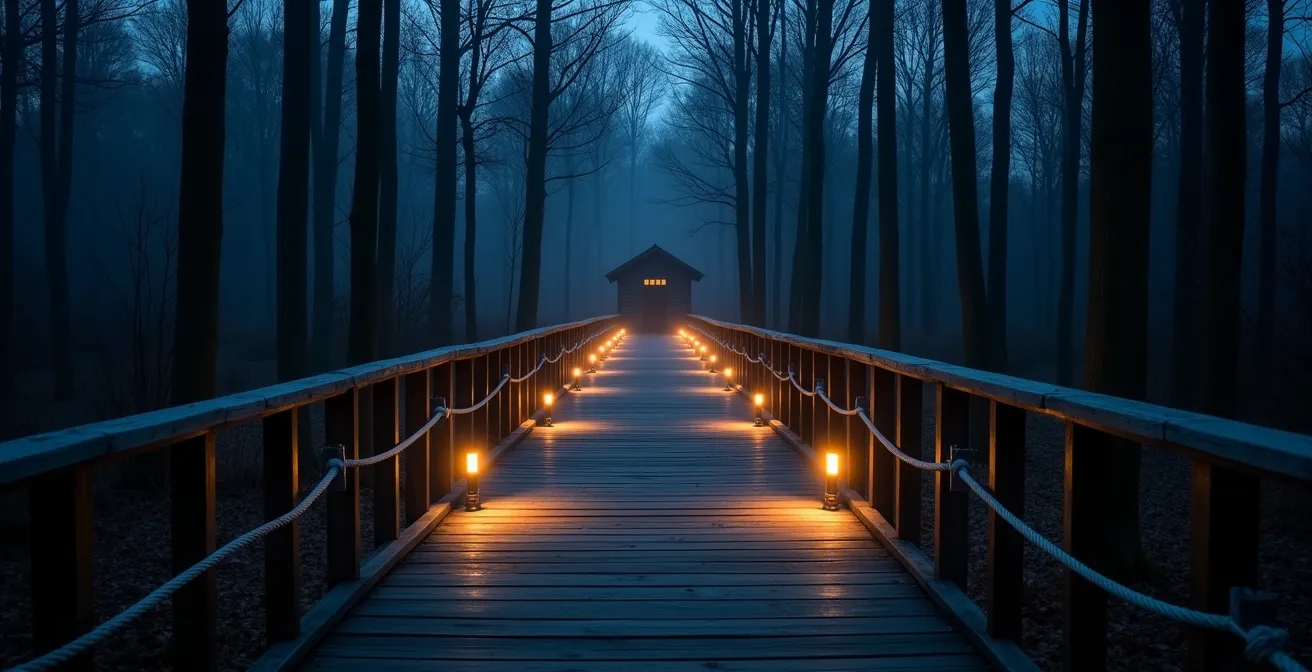 Sentiero nel bosco illuminato da lanterne solari che conduce a struttura servizi