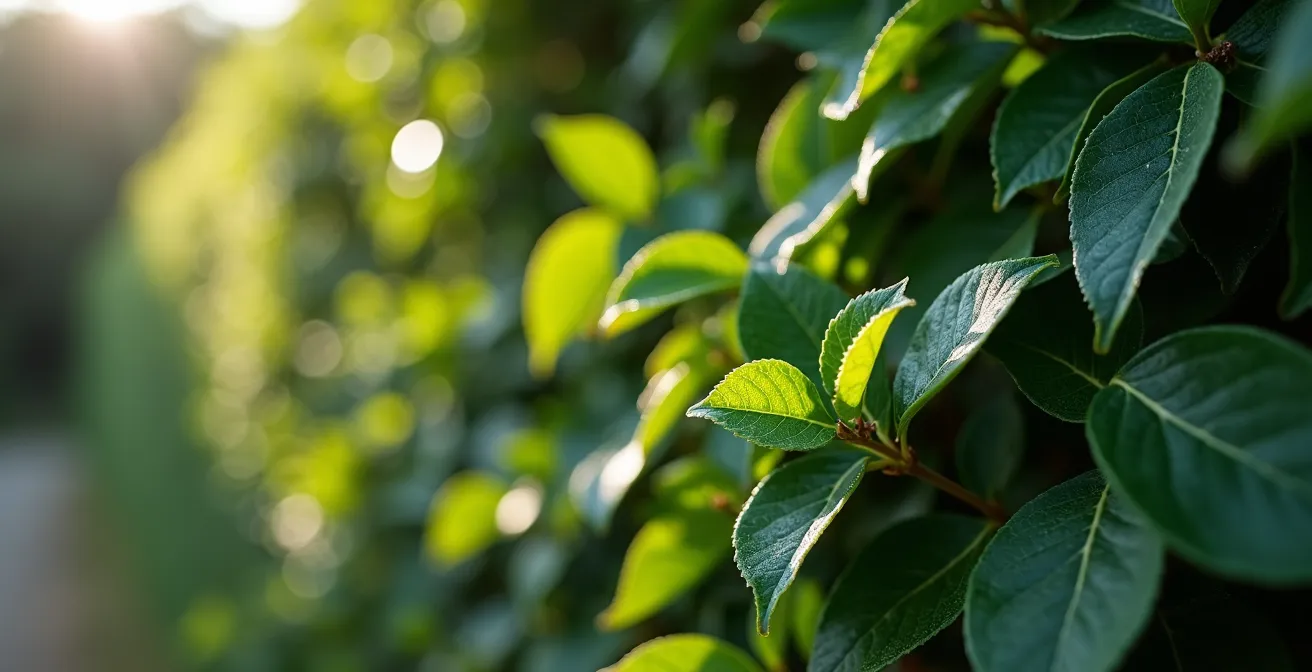 Primo piano di una siepe di lauroceraso folta che crea una barriera naturale tra piazzole camping