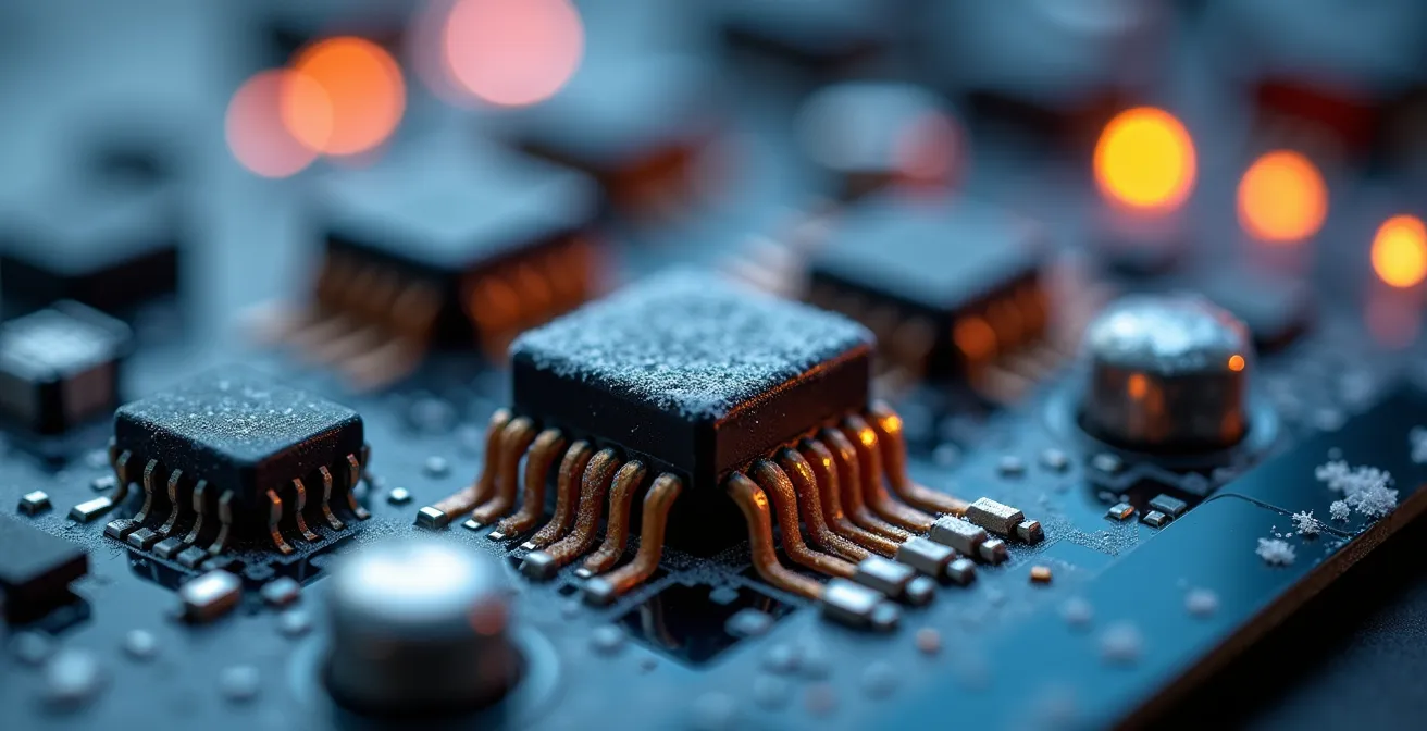 Close-up del sistema BMS con sensori di temperatura su batteria LiFePO4 in ambiente invernale