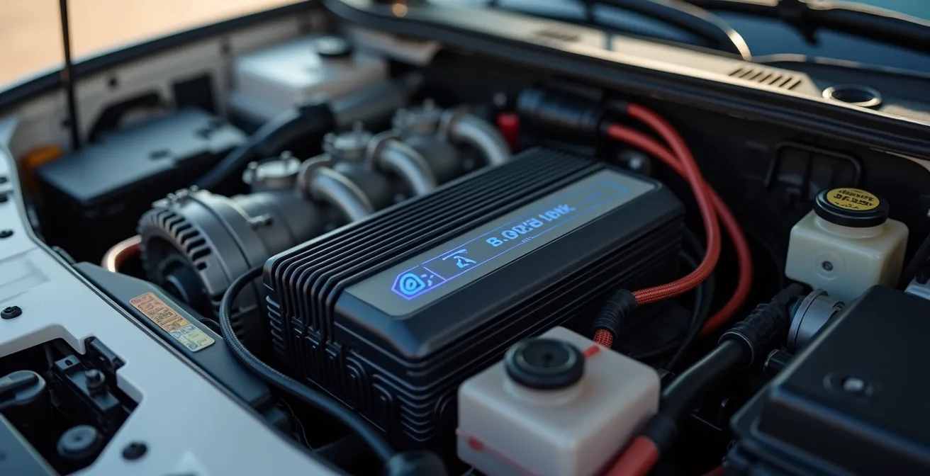 Sistema DC-DC booster collegato tra alternatore e batteria litio nel vano motore camper