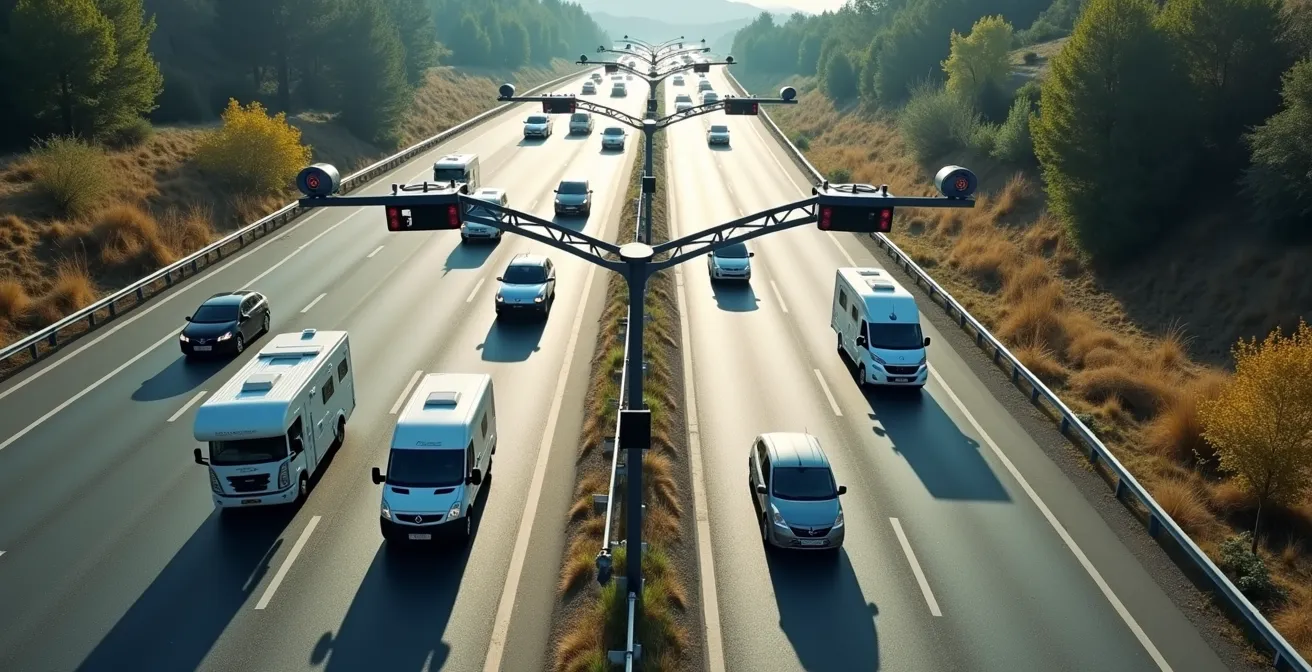 Vista dall'alto di un tratto autostradale con portali del sistema Tutor e veicoli in transito