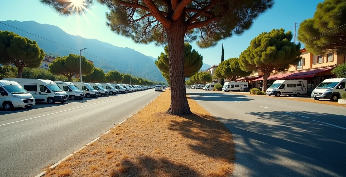 Contrasto tra area sosta montana organizzata e spiaggia mediterranea con camper