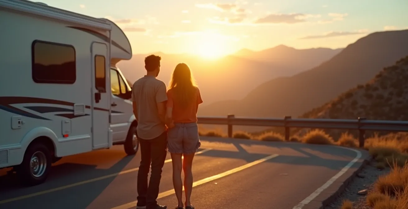 Camper parcheggiato in piazzola panoramica con vista su valle montana